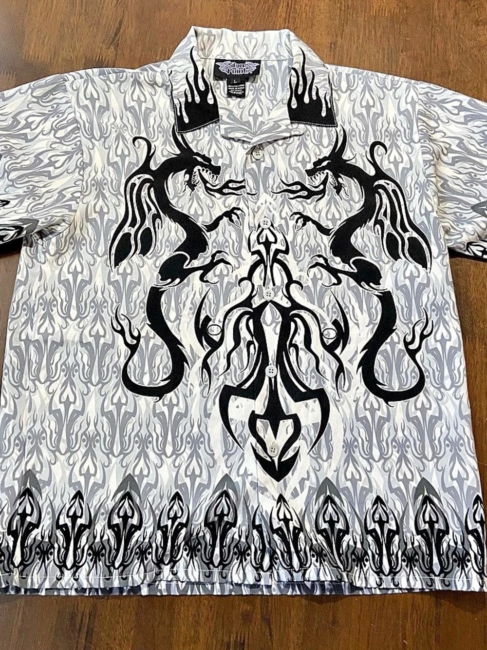 Silver Point Dragon Tribal Button Shirt Mens L Gray Black Y2K Flame Short Sleeve